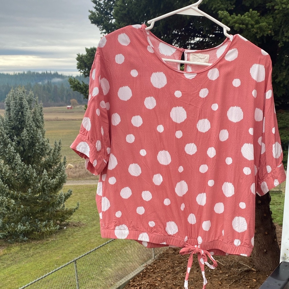 MELLODAY Pink White Polka Dot Cropped Tie Front Blouse Top